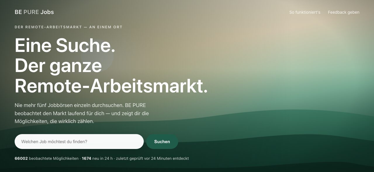 Startseite von BE PURE Jobs mit Suchfeld und Zahl der beobachteten Stellen